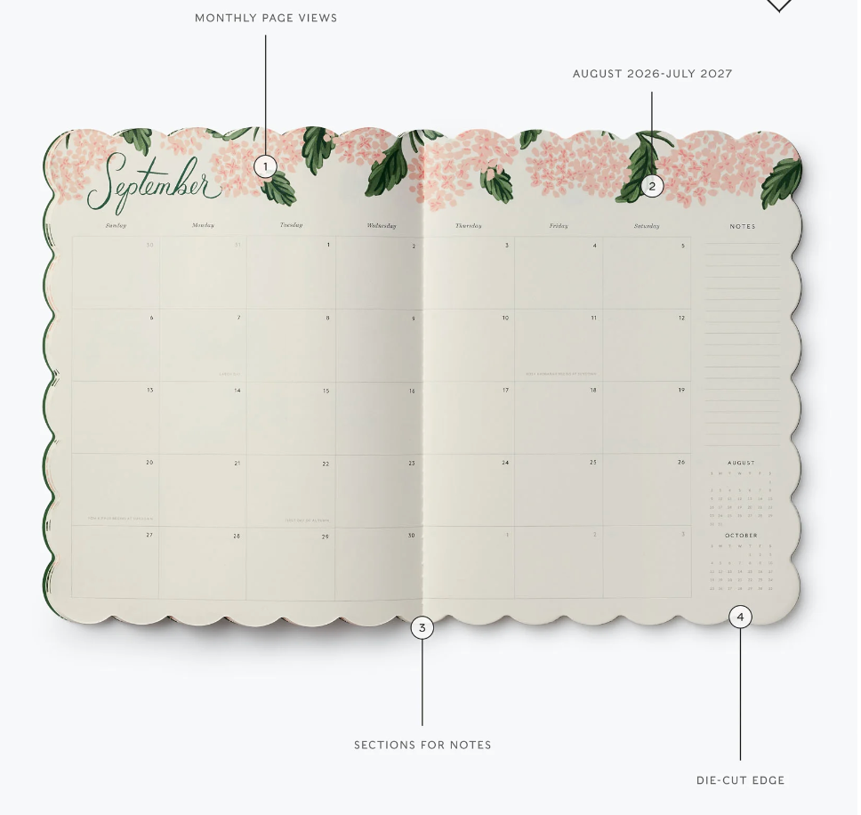Rifle Paper Co - Agenda Mensual 26 -27 Pink Hydrange A4 (19,7 × 24,8 cm)